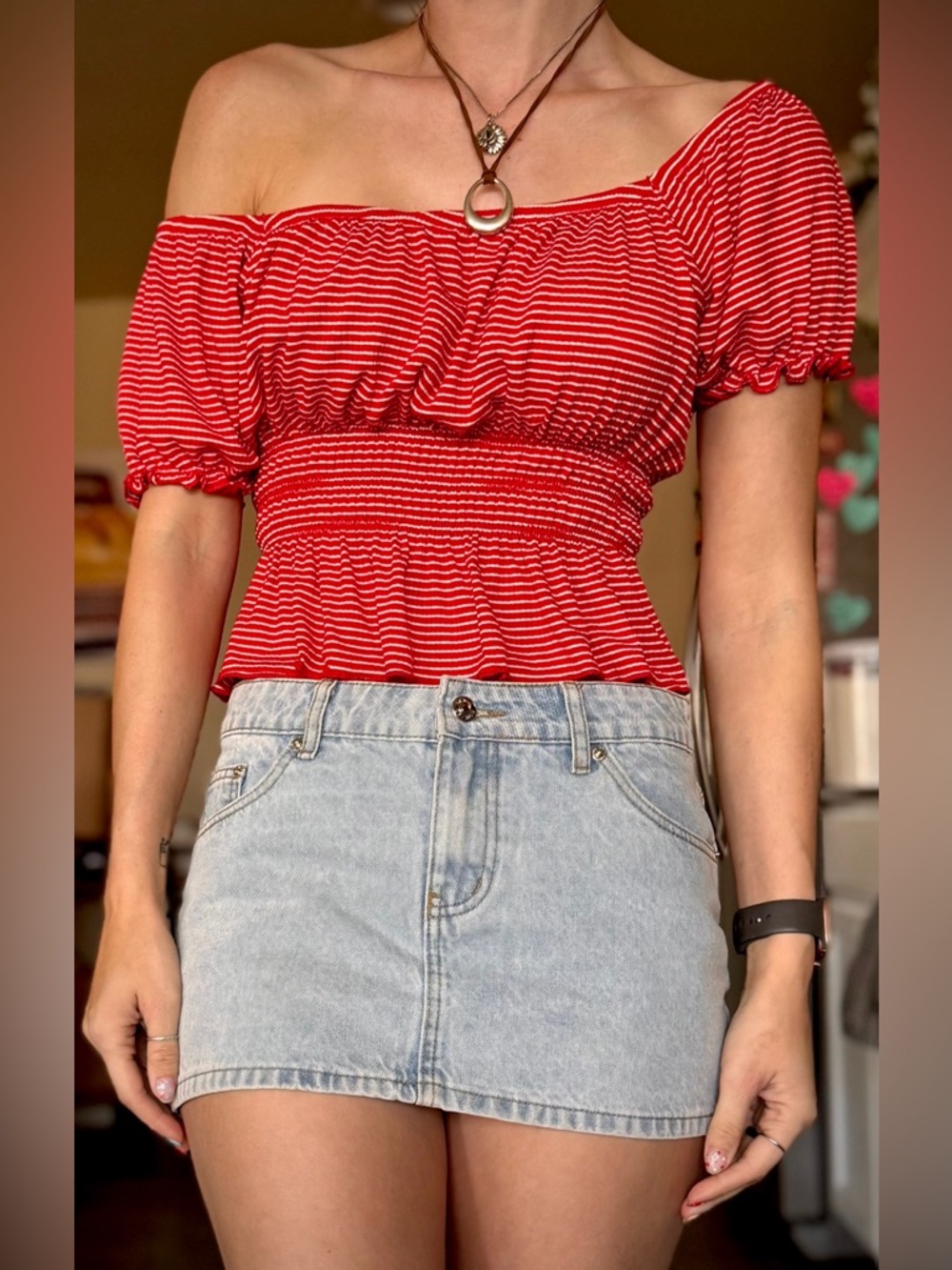 Smock Flowy Red White Striped Off Shoulder Blouse Newbury Kustom S